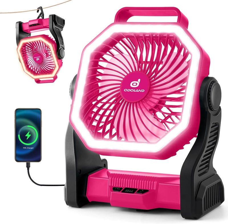 Odoland Rechargeable Camping Fan, 20000mAh Battery Fans with LED Lantern for Tent Car Beach Storm, Portable Light Desk Cooling Fan for Picnic Power Outage Hurricane, Pink - Image 1